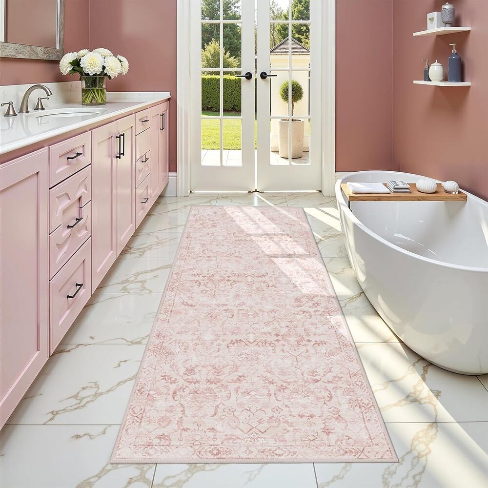 Pink 2x6 Runner Rug for Hallways Bed Side Kitchen, Boho Washable Distressed Low-